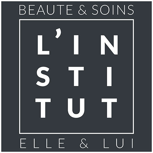 Logo de L'Institut Beauté & Soins — Elle & Lui : le mot L'INSTITUT composé en carré, blanc sur anthracite