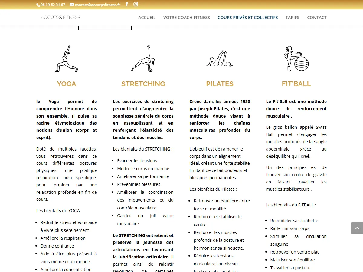 Page des cours d'AC'CORPS FITNESS : yoga, stretching, Pilates et Fit'Ball, chacun avec son icône, sa définition et ses bienfaits