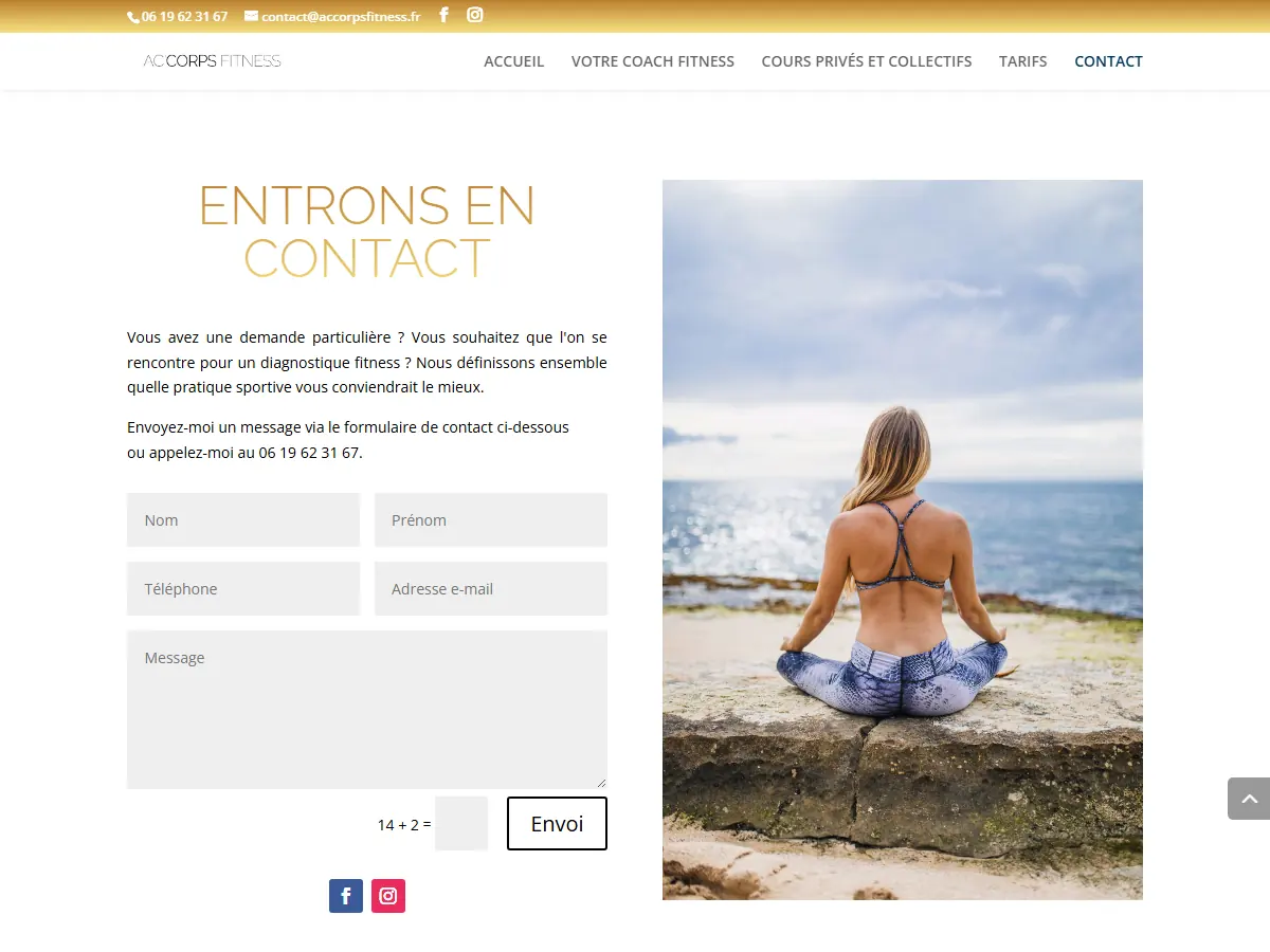 Section Entrons en contact du site AC'CORPS FITNESS : formulaire vide, téléphone et invitation à un diagnostic fitness