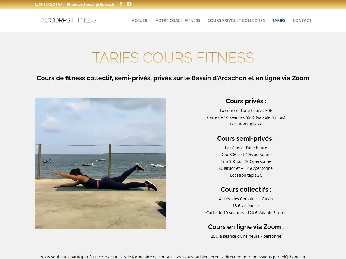 Page tarifs d'AC'CORPS FITNESS : cours privés, semi-privés, collectifs et en ligne via Zoom sur le Bassin d'Arcachon