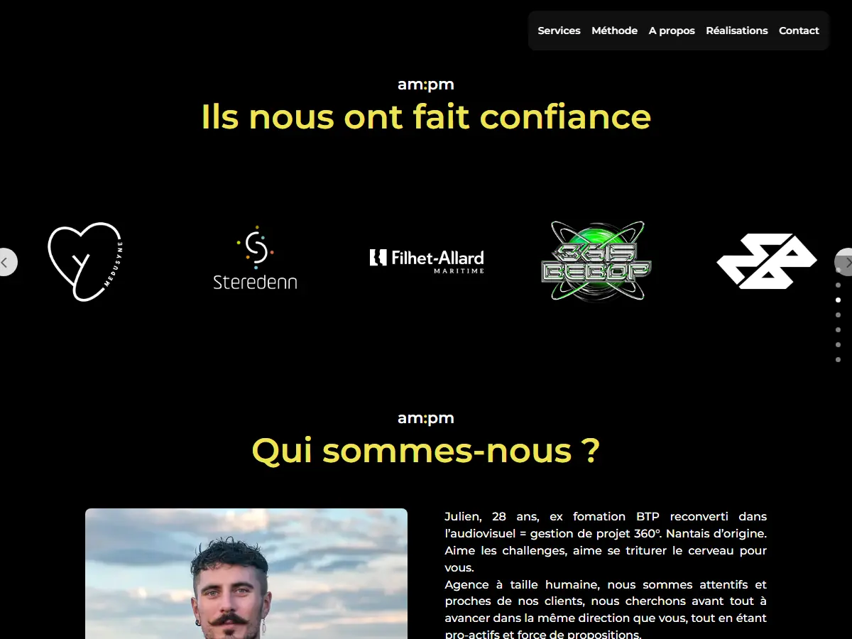 Carrousel de logos « Ils nous ont fait confiance » puis section « Qui sommes-nous ? » du site ampm production