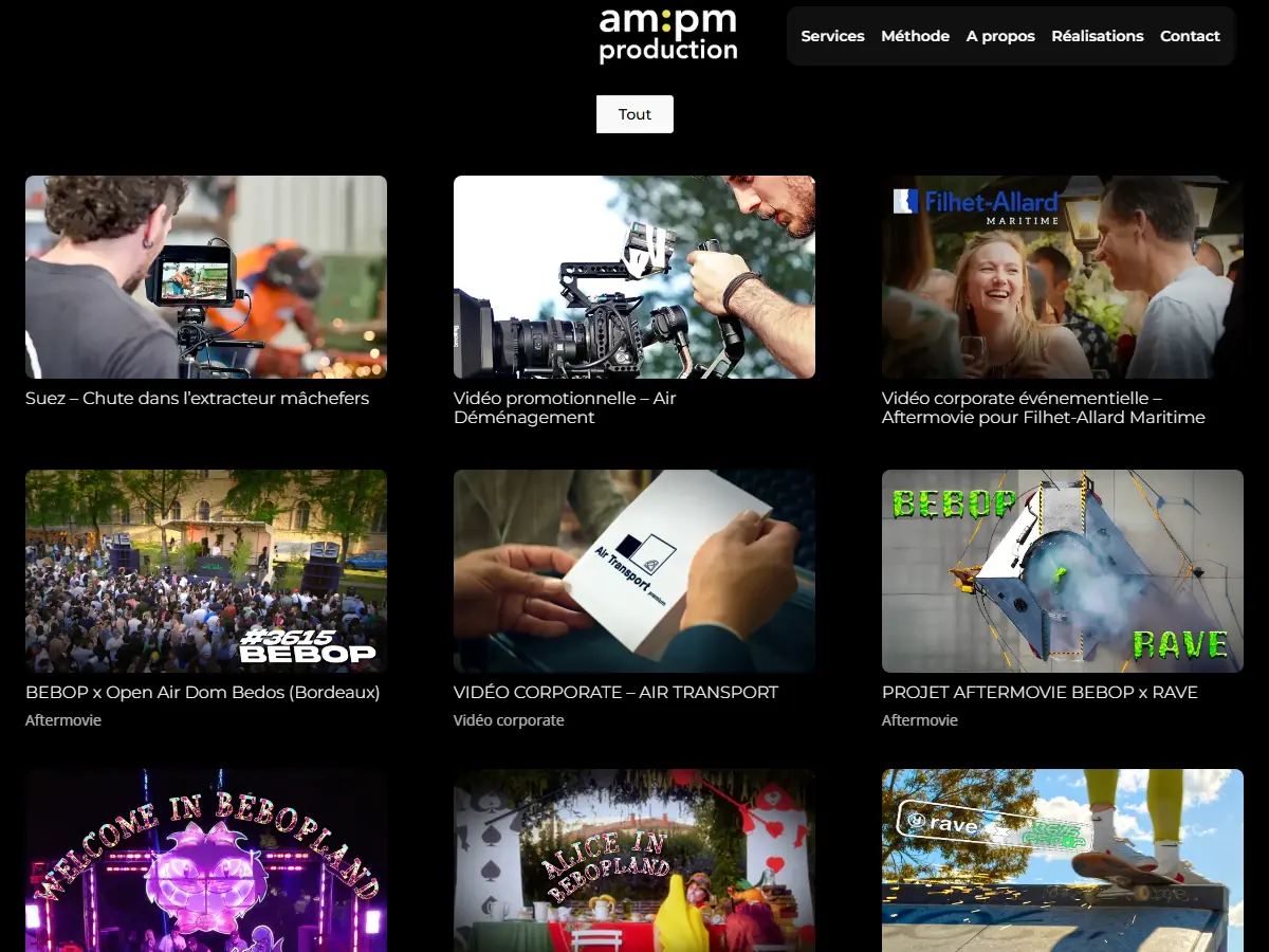 Page Réalisations du site ampm production : grille de films d'entreprise, aftermovies et teasers avec leur catégorie