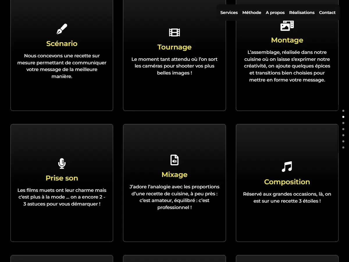 Cartes de services du site ampm production sur fond noir : scénario, tournage, montage, prise son, mixage, composition
