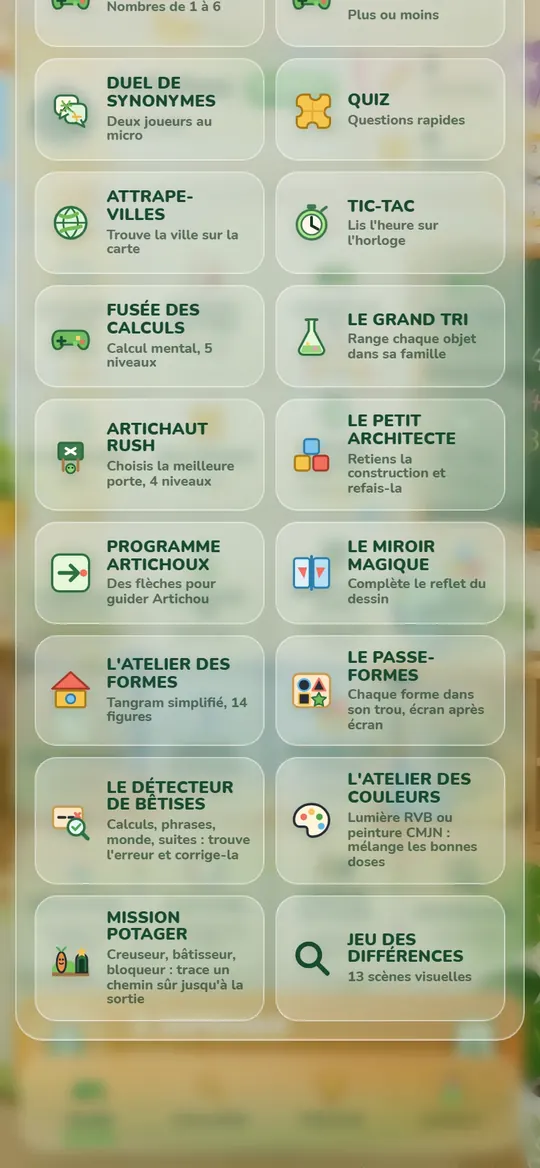 Catalogue Explorer d'Artichoux : la liste des jeux éducatifs avec leur description