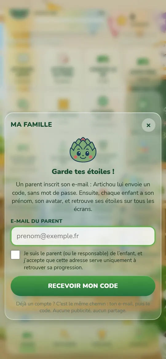 Espace famille d'Artichoux : compte parent par e-mail et code, sans mot de passe