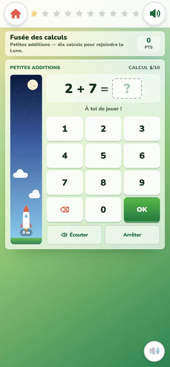 Jeu Fusée des calculs d'Artichoux : un calcul, un clavier numérique et une fusée qui monte vers la Lune