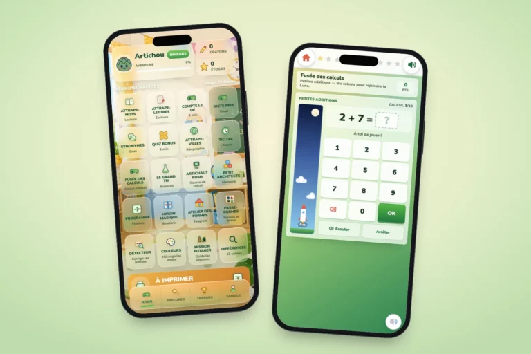 Application Artichoux de jeux éducatifs pour enfants sur deux téléphones : accueil et jeu Fusée des calculs