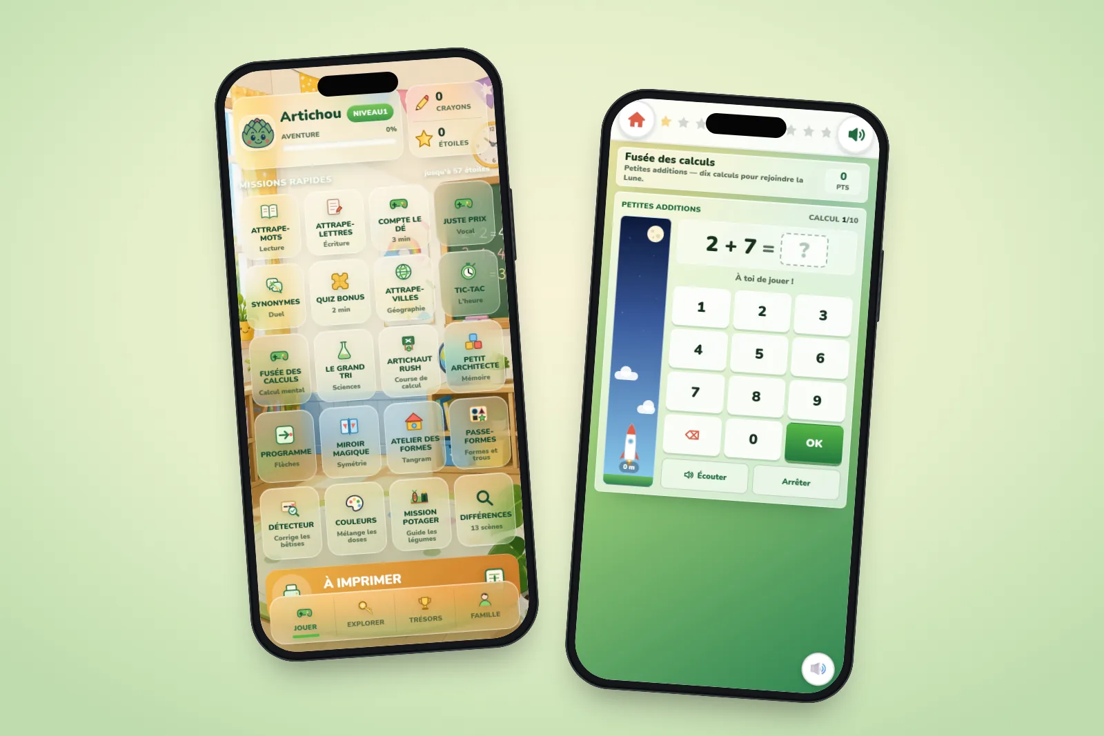 Application Artichoux de jeux éducatifs pour enfants sur deux téléphones : accueil et jeu Fusée des calculs
