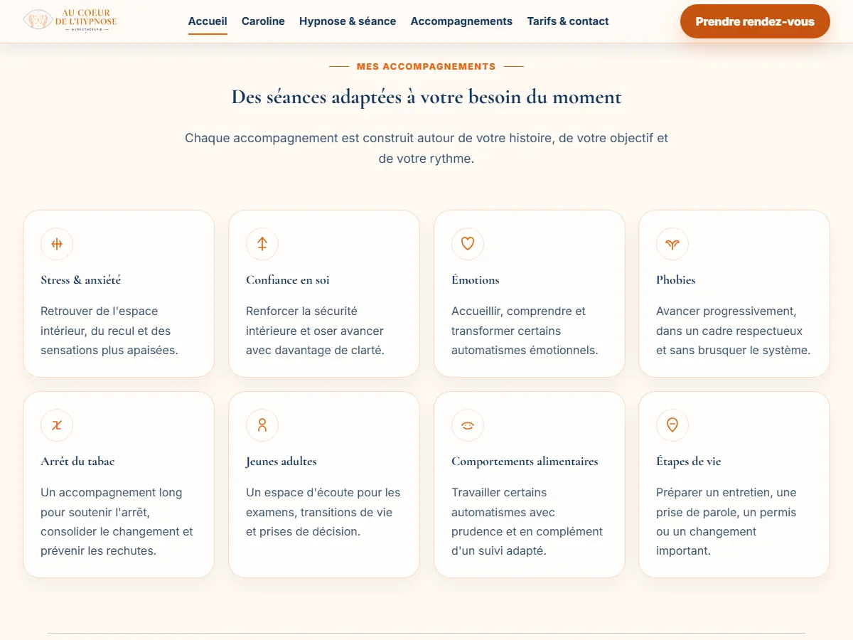 Section « Des séances adaptées à votre besoin du moment » : huit cartes d'accompagnement, du stress à l'arrêt du tabac