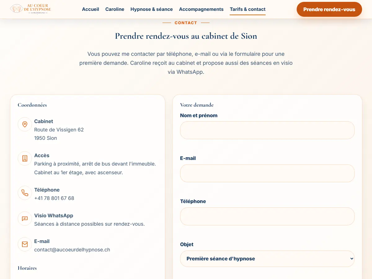 Page Tarifs & contact : coordonnées, accès au cabinet de Sion, visio WhatsApp et formulaire de demande