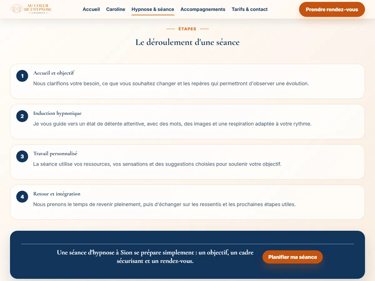 Page Hypnose & séance : les quatre étapes d'une séance, de l'accueil au retour et à l'intégration