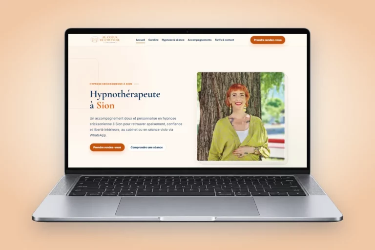 Site internet d'Au Cœur de l'Hypnose, cabinet d'hypnothérapie à Sion en Valais, affiché sur un ordinateur portable