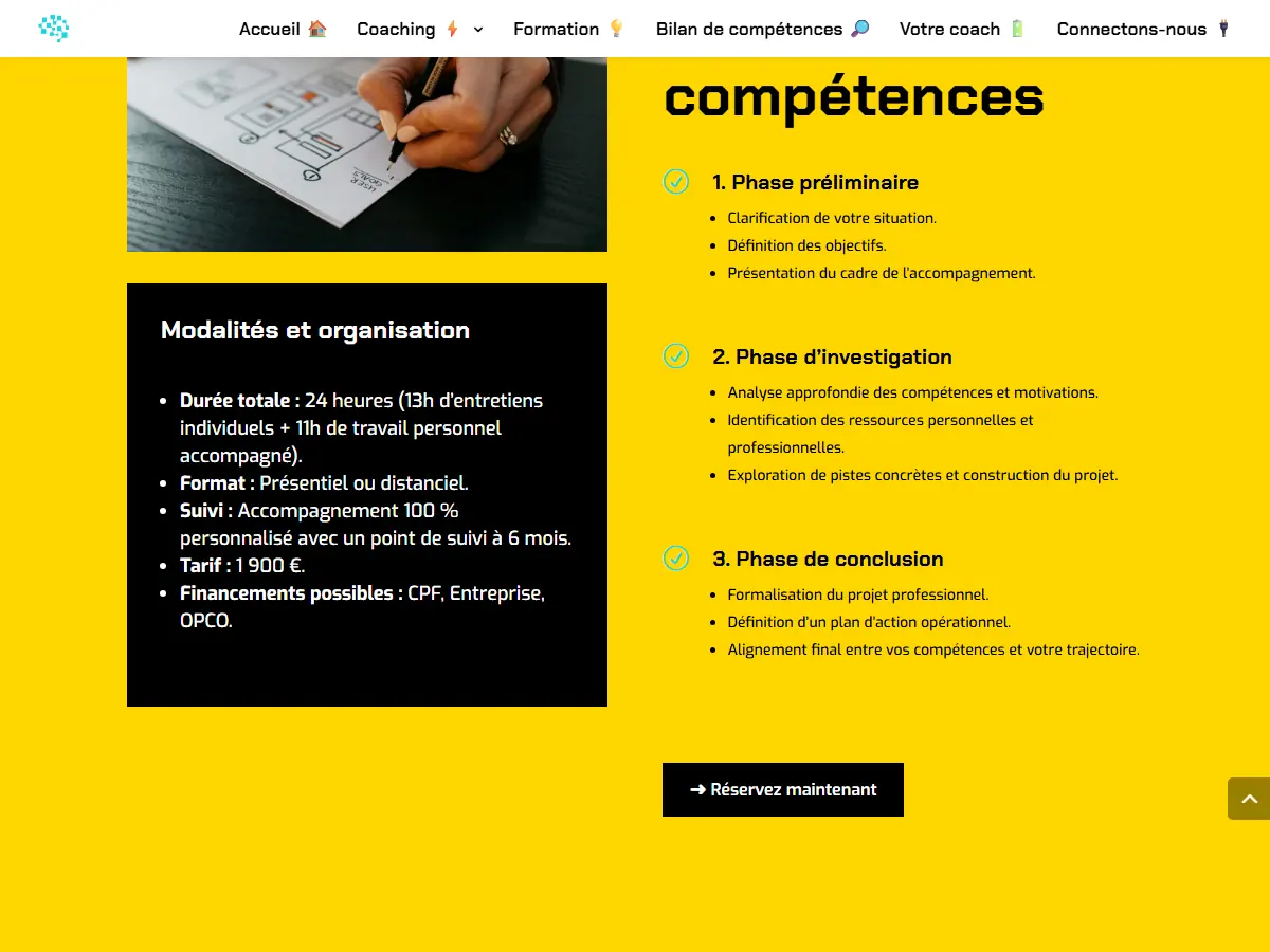 Page Bilan de compétences : encadré Modalités et organisation et déroulé en trois phases sur fond jaune