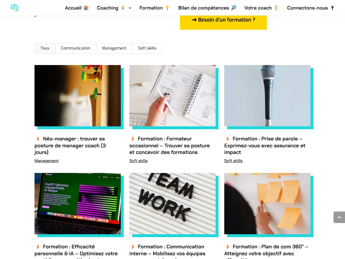 Page Formations professionnelles de mioni.fr : filtres Communication, Management, Soft skills et cartes des six formations
