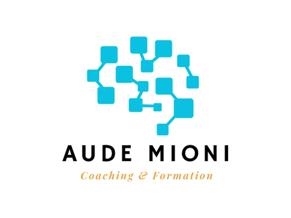 Logo d'Aude Mioni : symbole cyan de carrés reliés en réseau, nom en capitales et mention Coaching & Formation