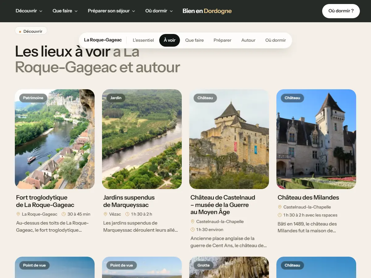 Page destination La Roque-Gageac : sommaire collant et cartes des lieux à voir, avec type, commune et durée de visite