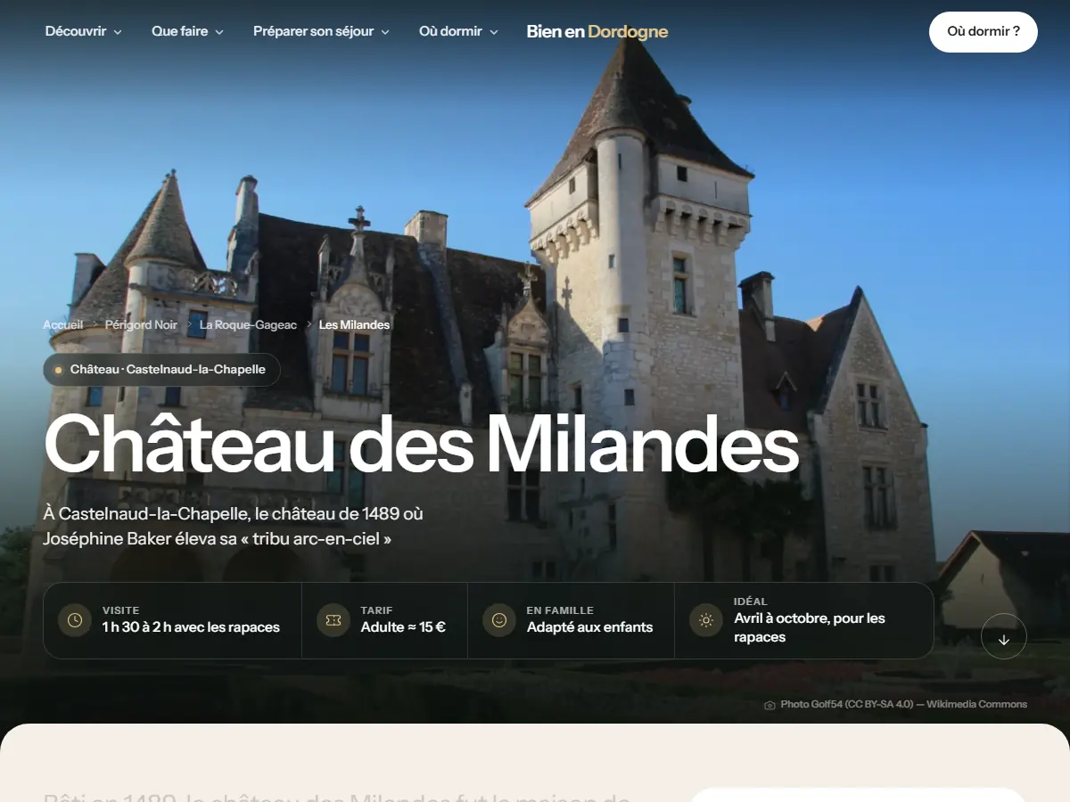 Fiche lieu du château des Milandes sur Bien en Dordogne : photo plein écran, fil d'Ariane et repères de visite, tarif, famille, saison