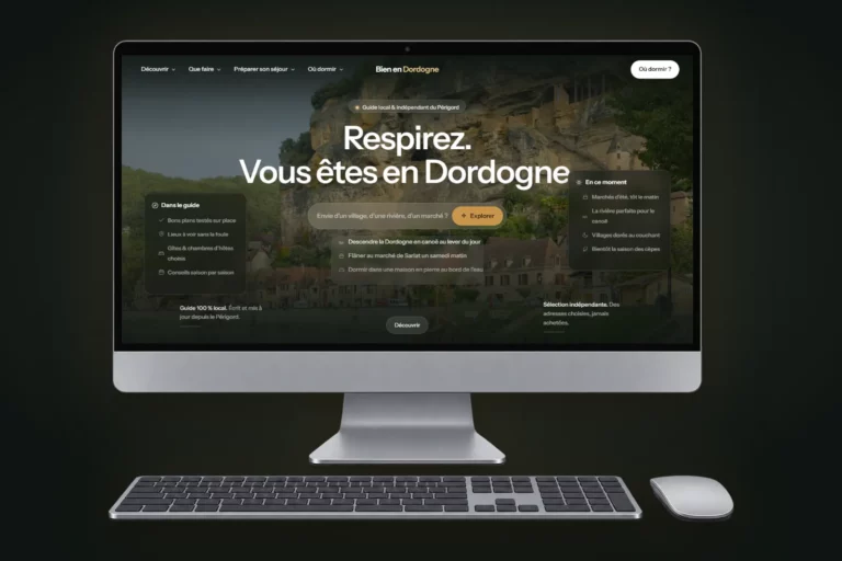 Site internet Bien en Dordogne, guide local et indépendant du Périgord, affiché sur un ordinateur de bureau