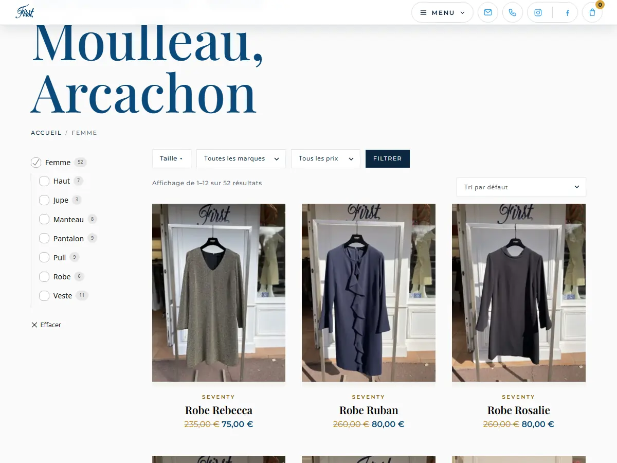 Rayon femme de la boutique en ligne des Boutiques First : filtres par taille, marque et prix, cartes produits avec prix barré