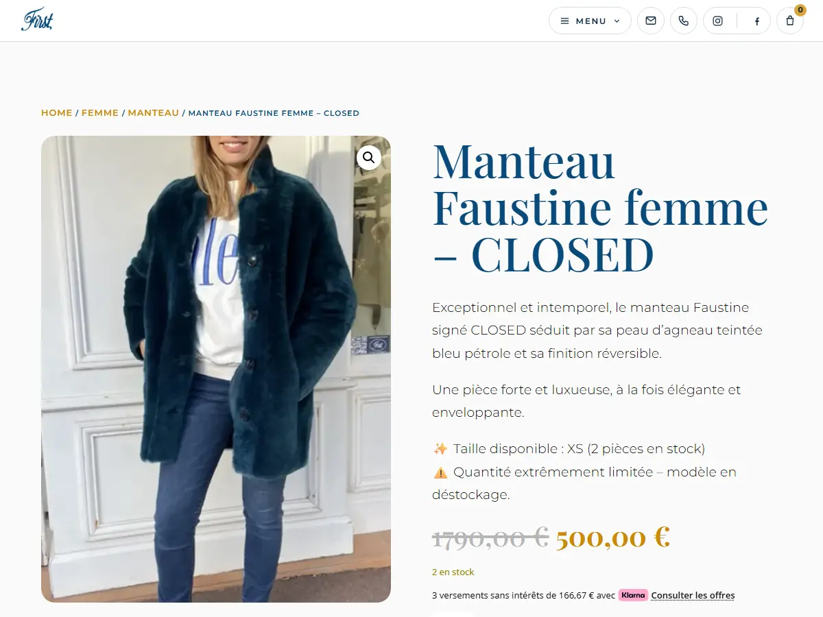 Fiche produit d'un manteau Closed sur le site des Boutiques First : prix initial barré, prix outlet et stock restant