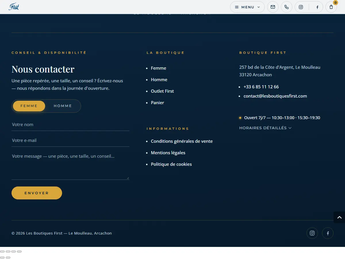 Pied de page du site des Boutiques First : formulaire de contact Femme ou Homme, adresse et horaires de la boutique