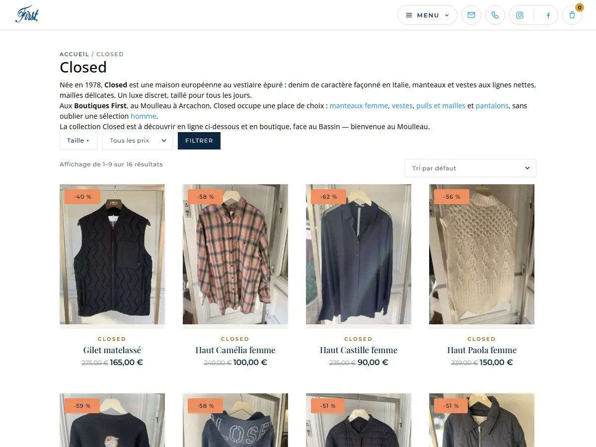 Page de la marque Closed sur le site des Boutiques First : présentation de la marque et pièces en ligne avec remise