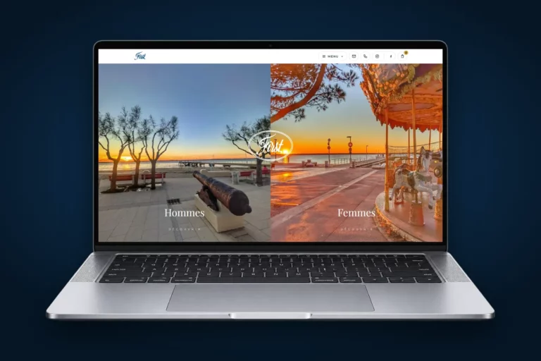 Site e-commerce des Boutiques First, prêt-à-porter homme et femme au Moulleau à Arcachon, affiché sur un ordinateur portable