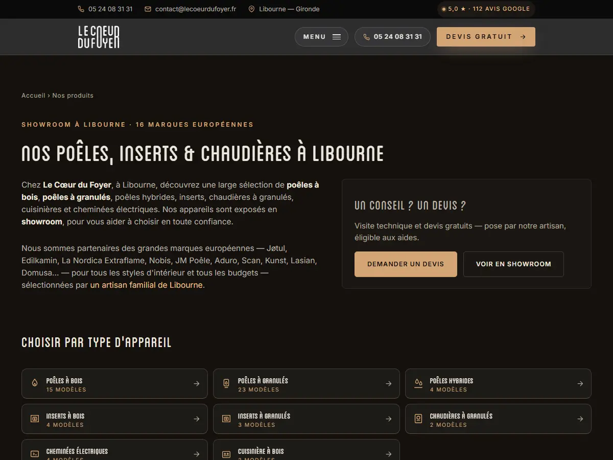 Catalogue des poêles, inserts et chaudières du Cœur du Foyer à Libourne, classé par type d'appareil et par marque
