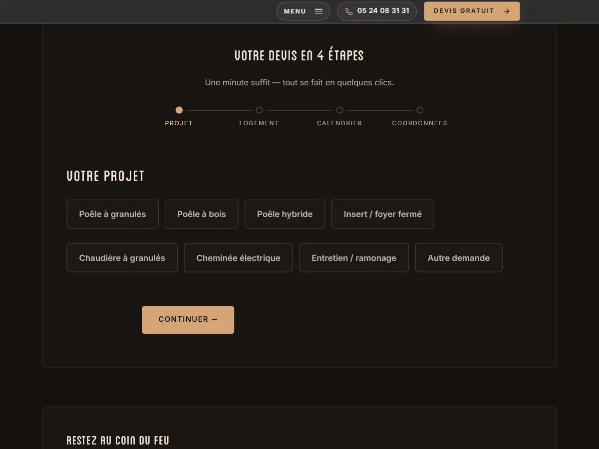 Formulaire de demande de devis en quatre étapes du site Le Cœur du Foyer : projet, logement, calendrier, coordonnées