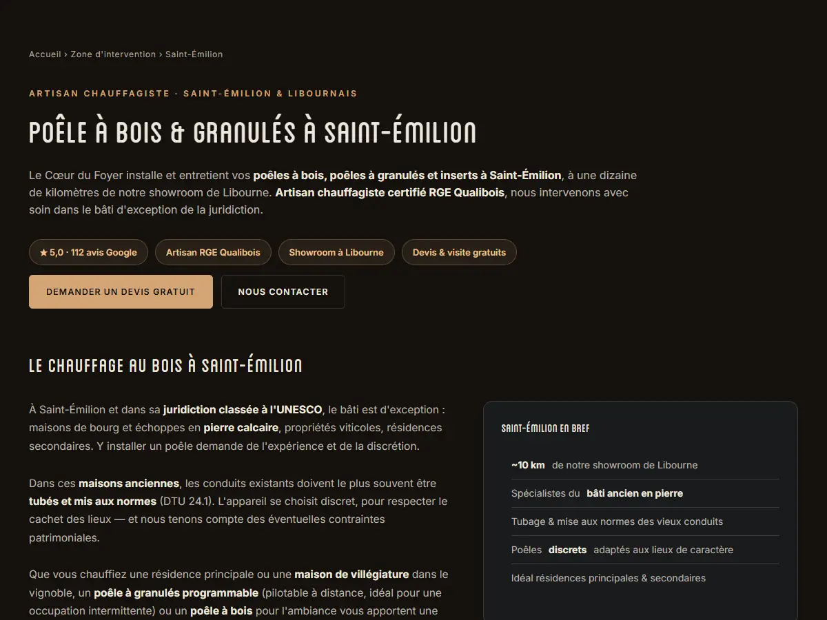 Page « Poêle à bois & granulés à Saint-Émilion » du site Le Cœur du Foyer, conçue pour le référencement local