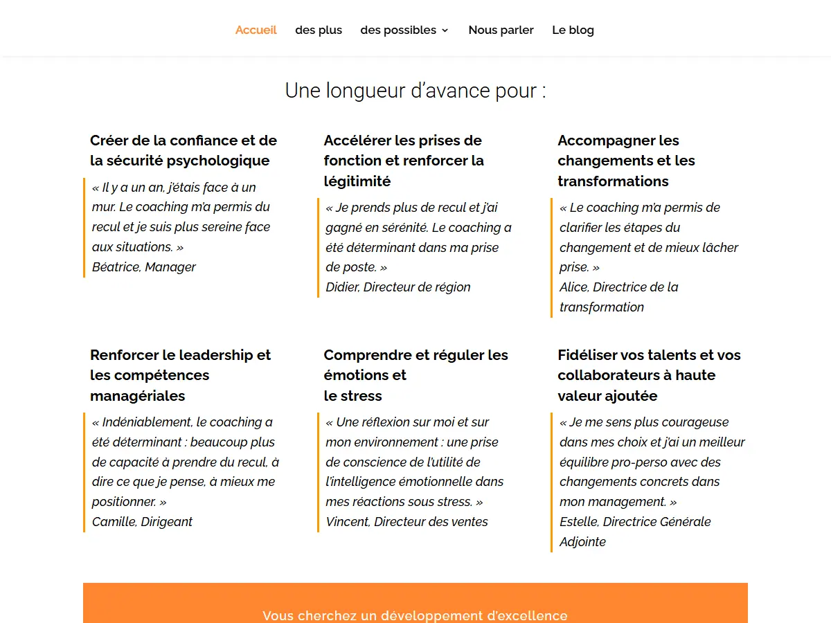 Section « Une longueur d'avance pour » : six enjeux de dirigeants et managers, chacun appuyé par un témoignage client