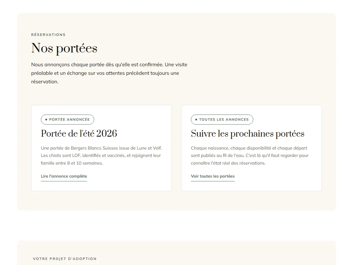 Section « Nos portées » de l'accueil : cartes d'annonce avec pastille d'état et liens vers les portées