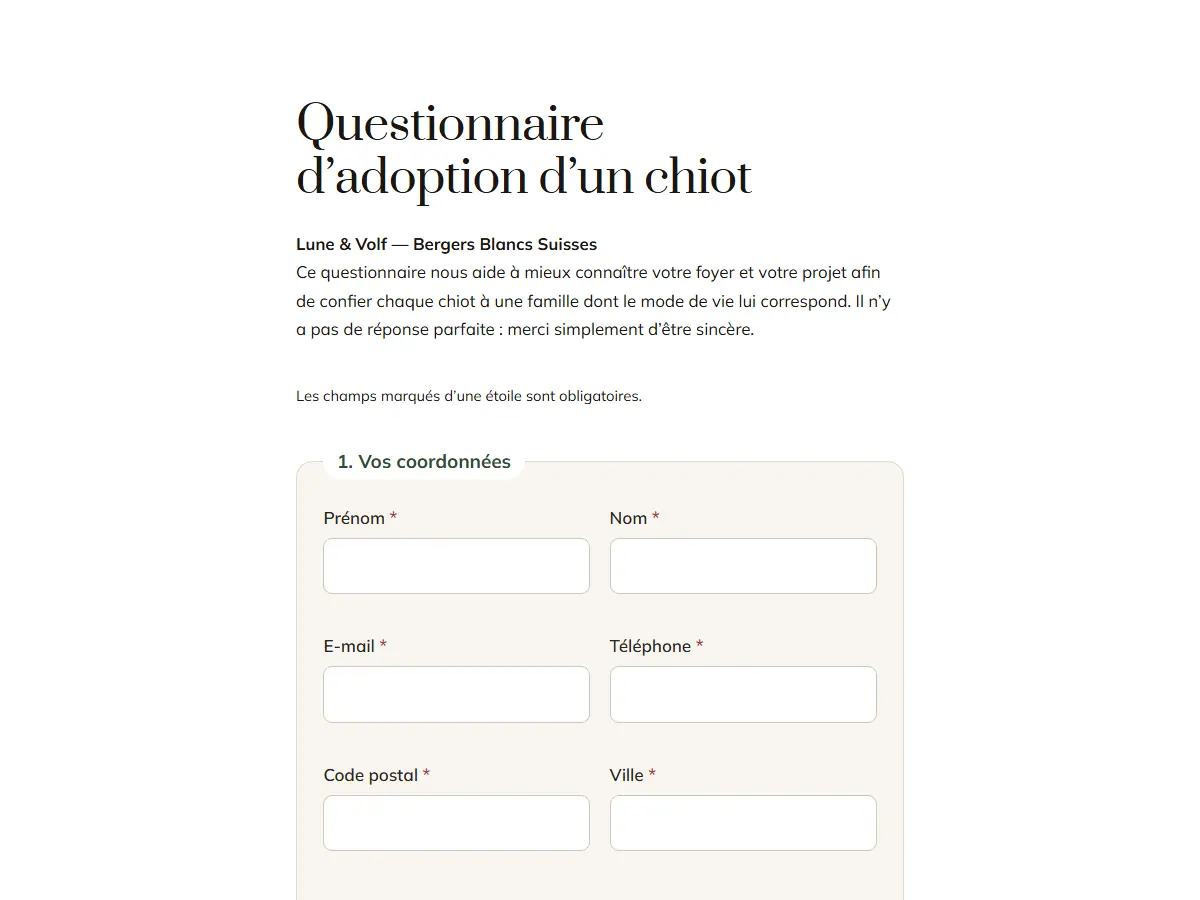 Questionnaire d'adoption d'un chiot Berger Blanc Suisse, photographié vide : introduction et coordonnées