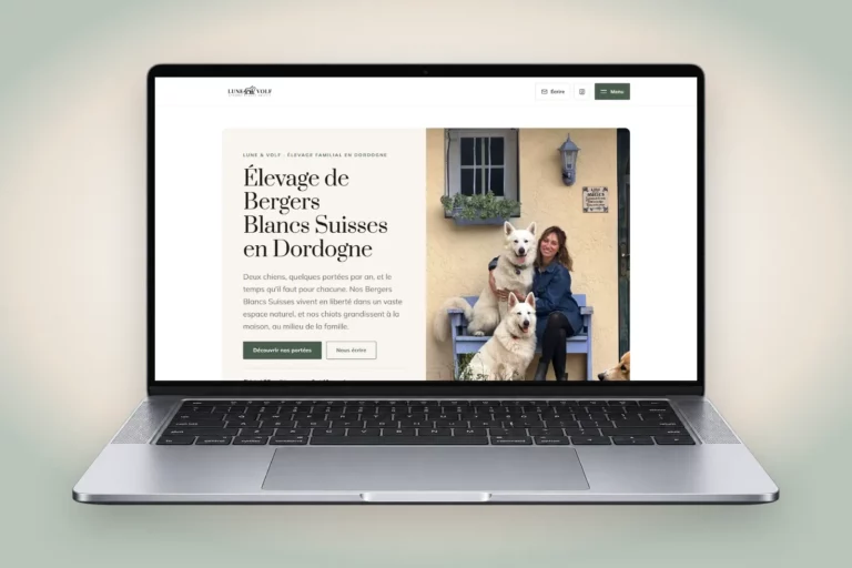 Site internet de l'élevage de Bergers Blancs Suisses Lune & Volf, en Dordogne, affiché sur un ordinateur portable