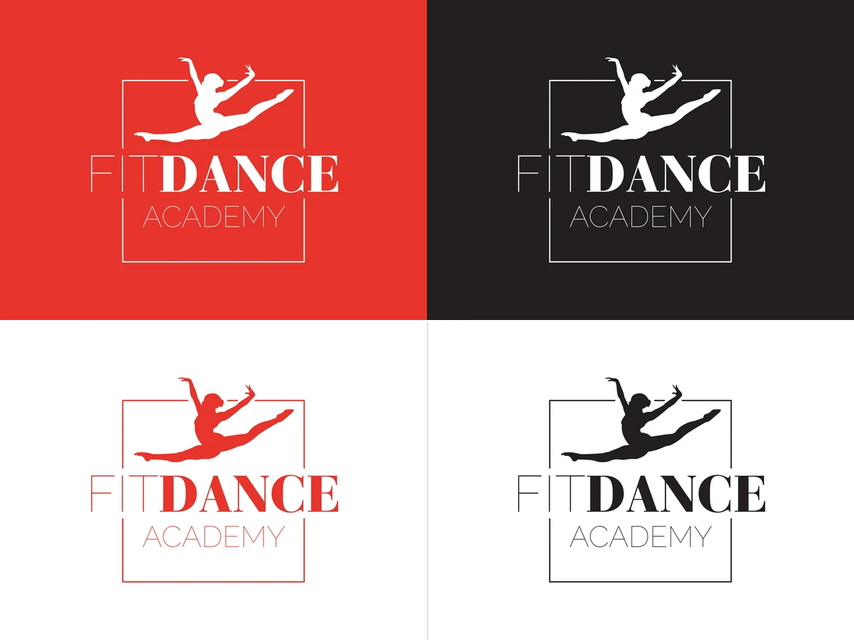 Logo Fitdance Academy : danseuse en grand jeté au-dessus d'un cadre, décliné en blanc sur rouge, blanc sur noir, rouge sur blanc et noir sur blanc