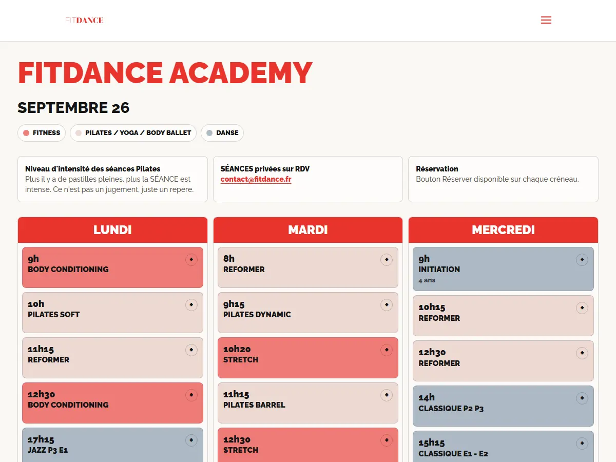 Planning des cours de fitdance.fr : créneaux par jour, couleurs par discipline, repères d'intensité Pilates