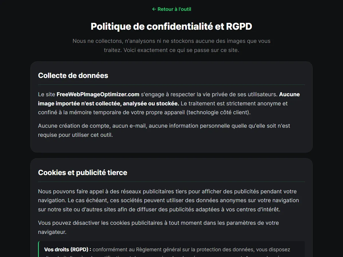 Politique de confidentialité de Free WebP Image Optimizer : aucune image collectée, traitement côté client