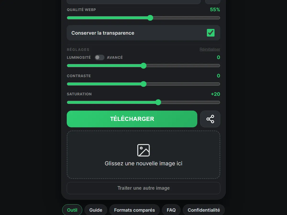 Curseur de qualité WebP, option de transparence et réglages de luminosité, contraste et saturation
