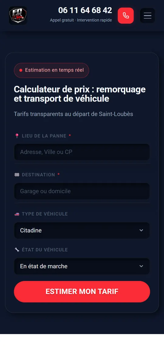 Calculateur de prix de remorquage et de transport de véhicule de Full Dépannage sur mobile : lieu de la panne, destination, type et état du véhicule