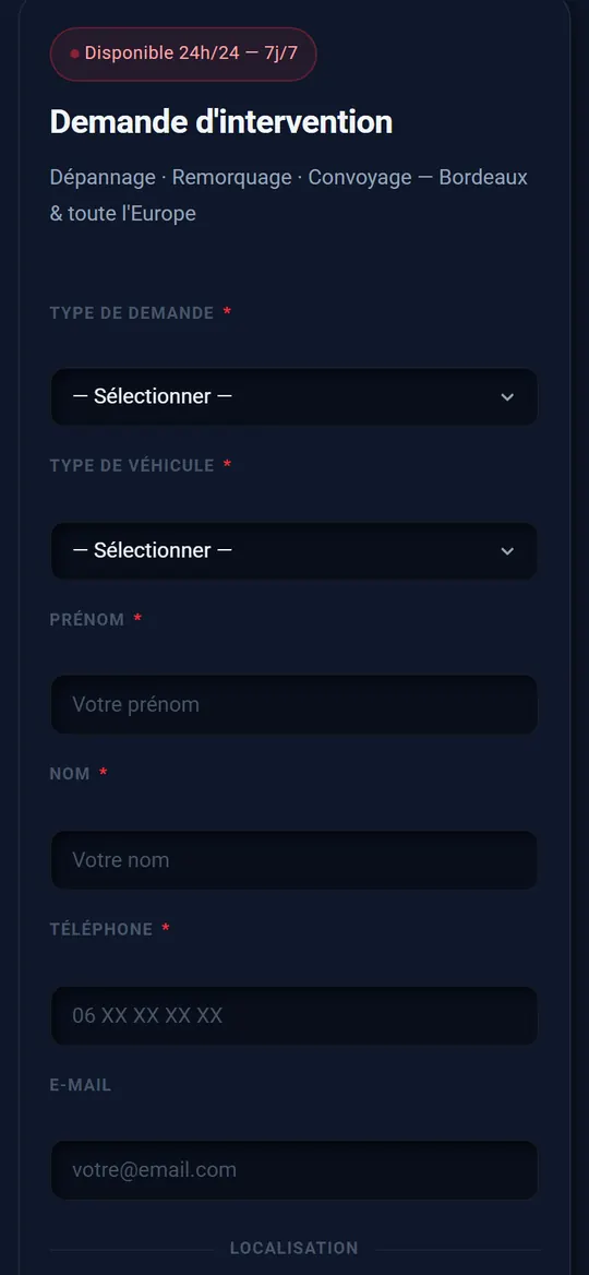 Formulaire de demande d'intervention de Full Dépannage sur mobile : type de demande, type de véhicule, prénom, nom, téléphone, e-mail