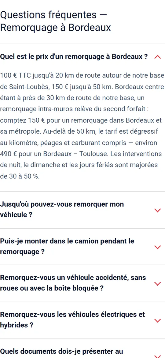 Questions fréquentes de la page remorquage à Bordeaux de Full Dépannage sur mobile, réponse sur le prix d'un remorquage ouverte