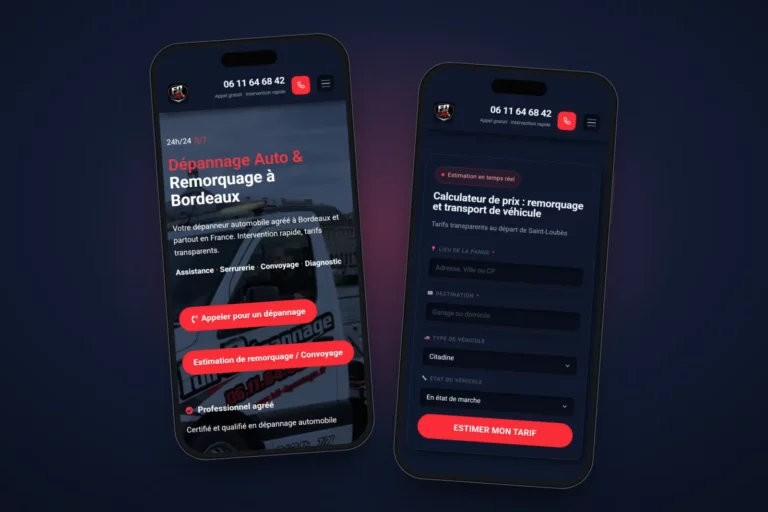 Site internet de Full Dépannage, dépannage et remorquage 24h/24 à Bordeaux, affiché sur deux téléphones : accueil et calculateur de prix