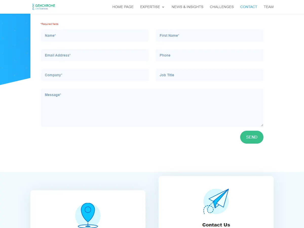 Formulaire de contact du site Genchrome : nom, prénom, e-mail, téléphone, société, fonction et message