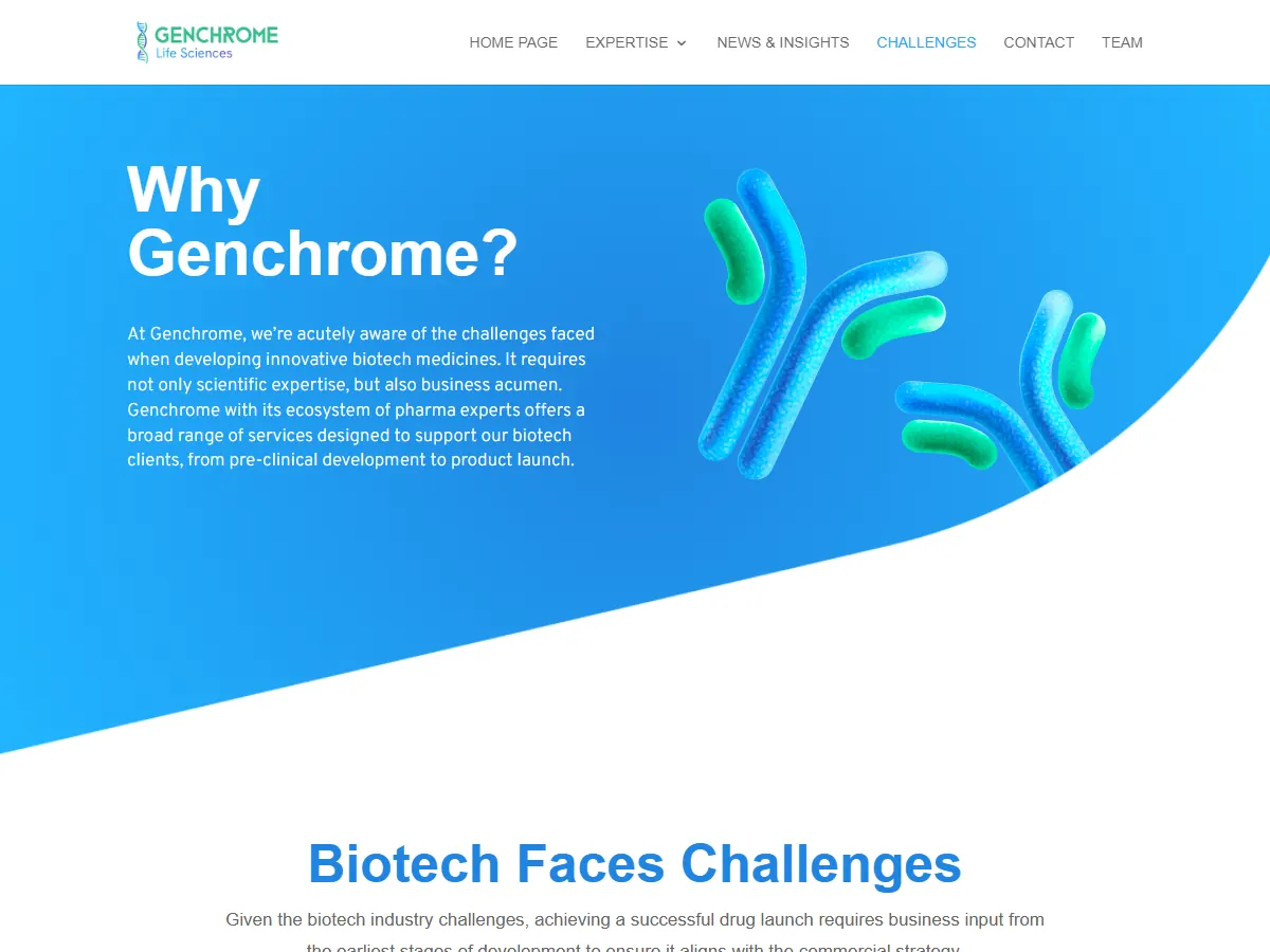 Page « Why Genchrome? » du site Genchrome, avec l'illustration d'anticorps bleus et verts créée pour le site