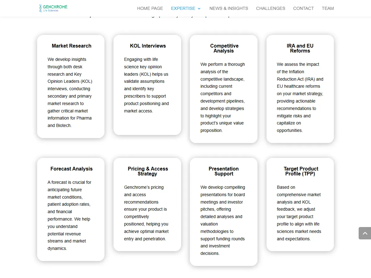 Page services du site Genchrome : huit cartes, de l'étude de marché au profil produit cible