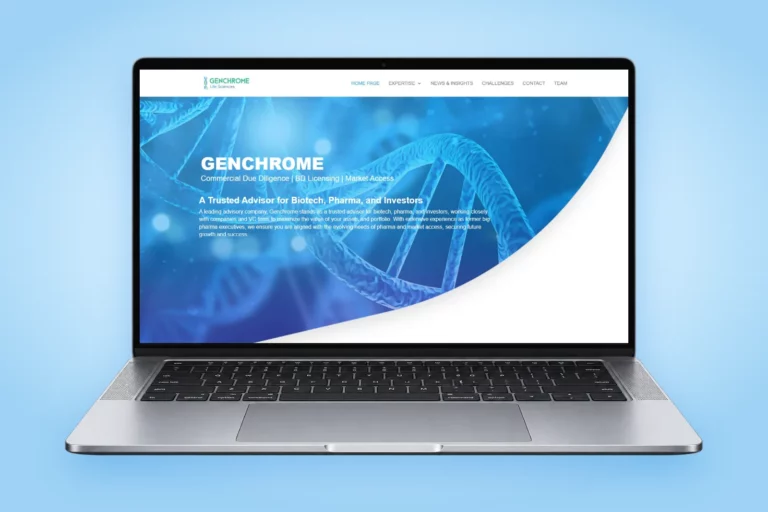 Site internet de Genchrome, cabinet de conseil pour la biotech, la pharma et les investisseurs, affiché sur un ordinateur portable