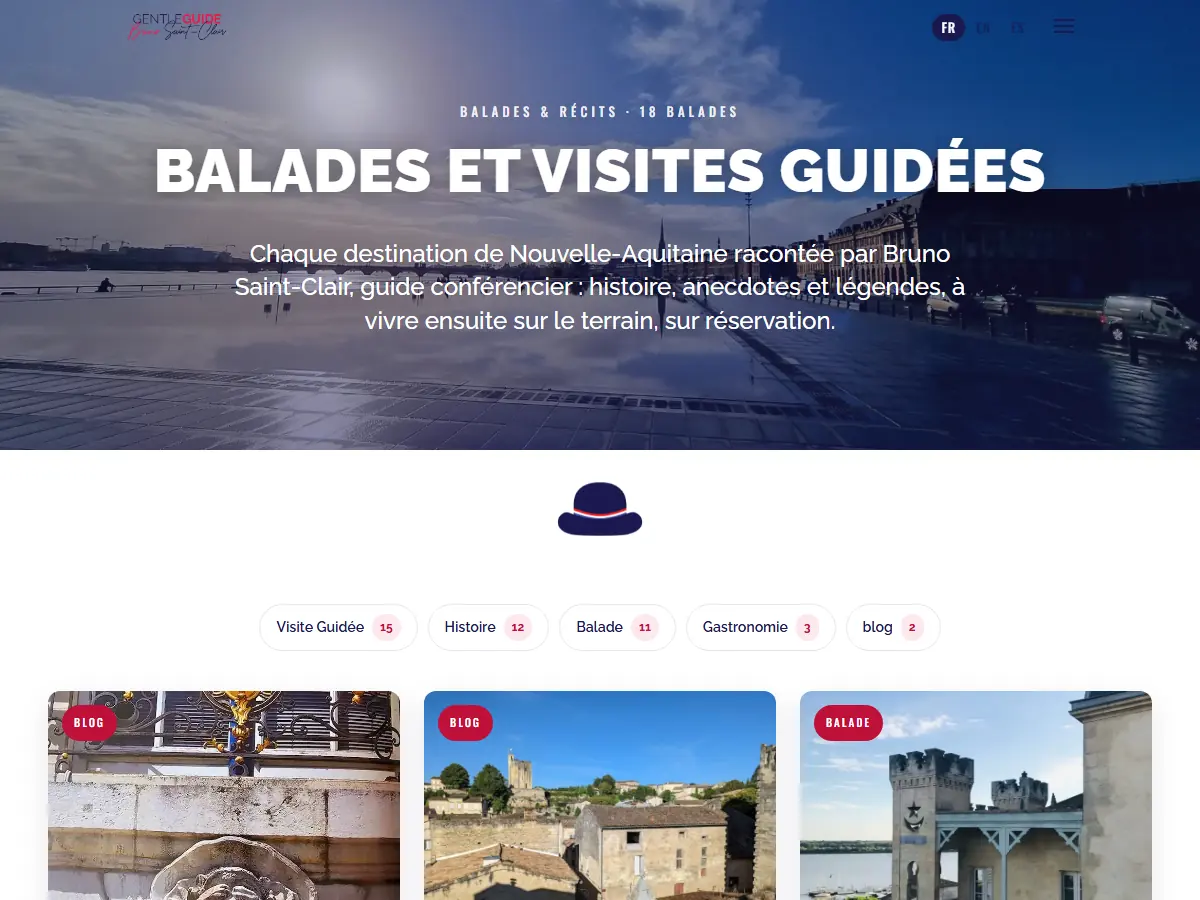 Page Balades et visites guidées de gentleguide.fr : 18 balades, filtres par thème et cartes