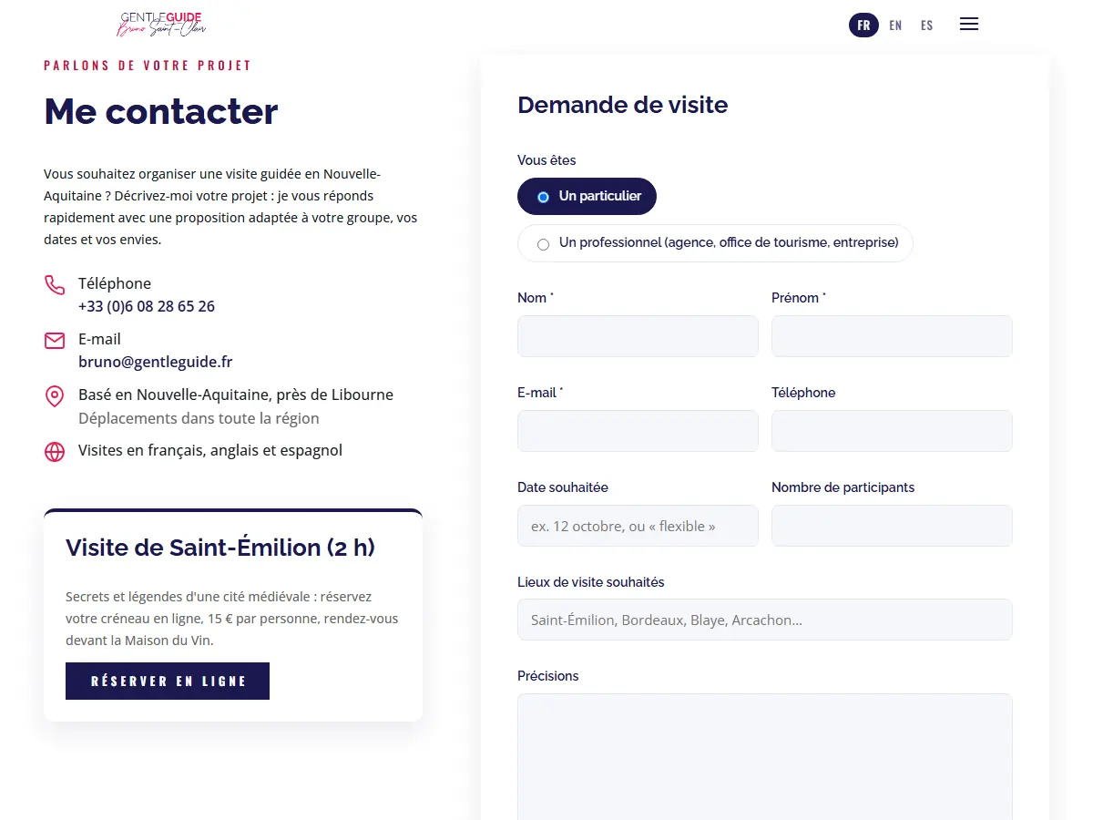Formulaire Demande de visite de gentleguide.fr : particulier ou professionnel, date, participants, lieux