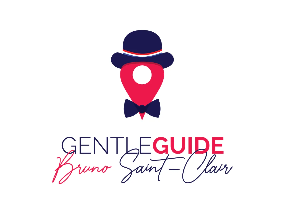 Logo Gentleguide : chapeau melon à ruban tricolore sur un repère de géolocalisation, logotype GENTLEGUIDE et signature Bruno Saint-Clair