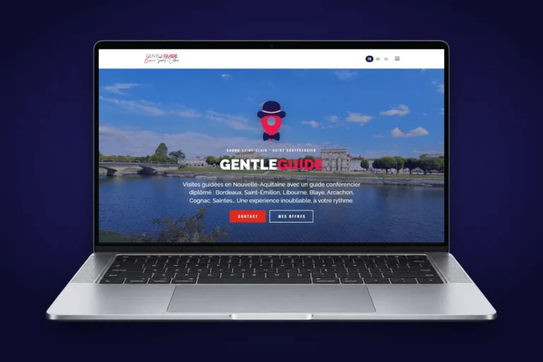 Site internet de Gentleguide, Bruno Saint-Clair, guide conférencier en Nouvelle-Aquitaine, affiché sur un ordinateur portable